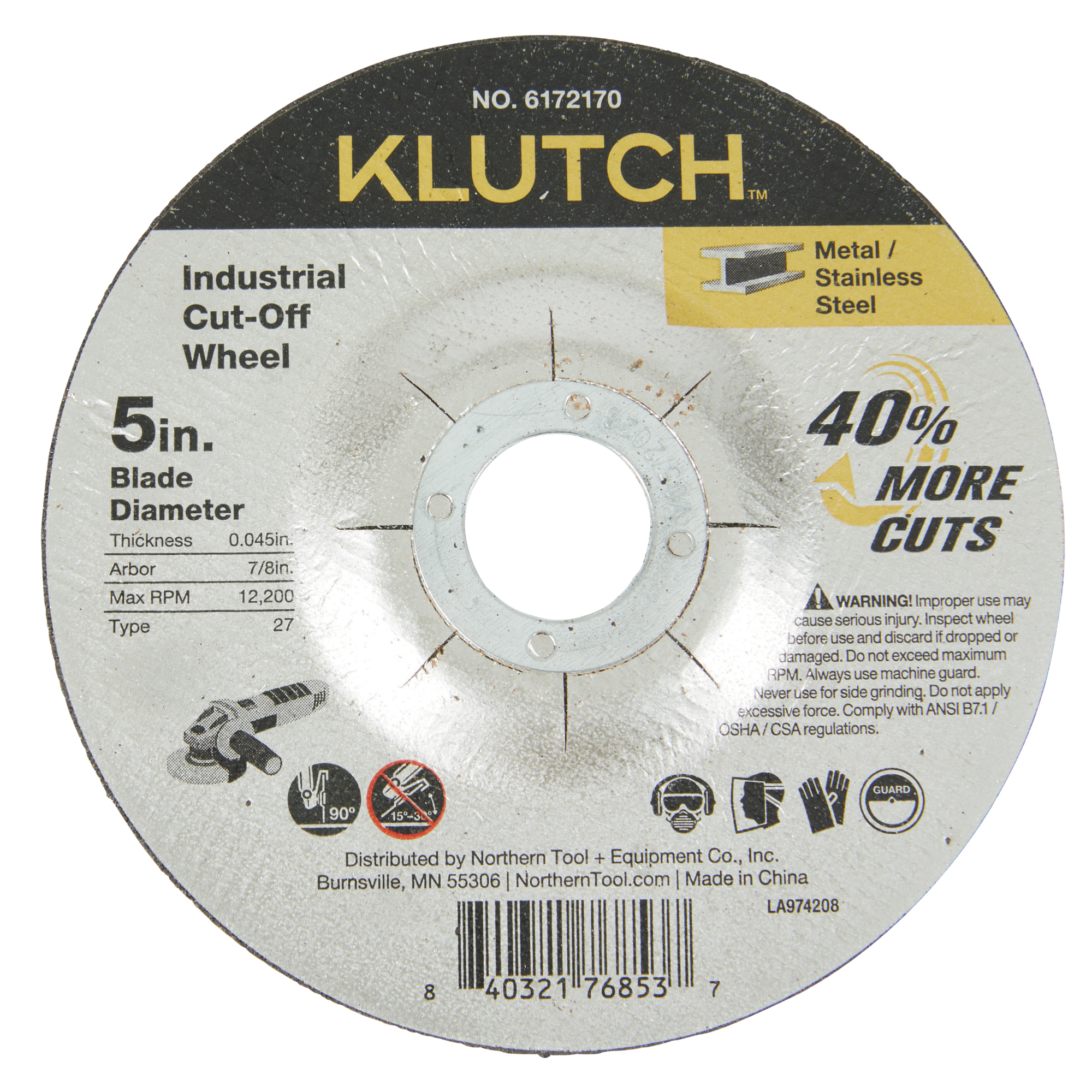 Klutch Industrial Metal Cutoff Wheel, 5in. x 0.045in. x 7/8in., Type 27